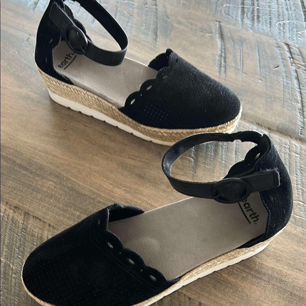 Earth Black Espadrille Flats with Ankle Strap